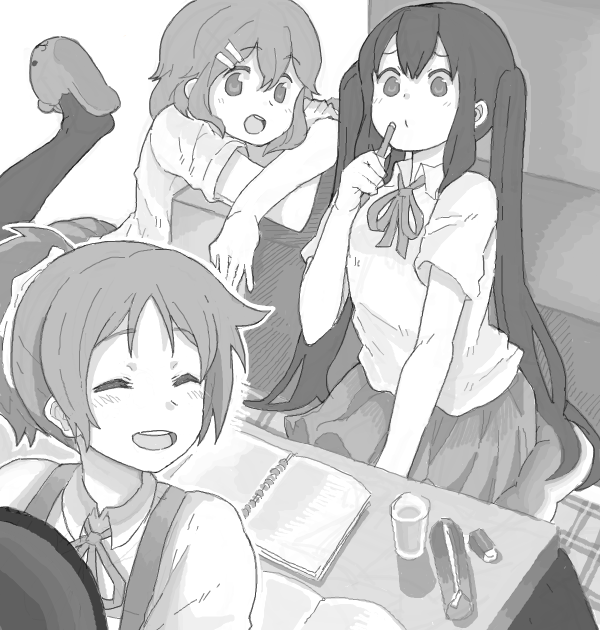 closed_eyes eyes_closed hirasawa_ui hirasawa_yui k-on! kuzu_kow long_hair monochrome multiple_girls nakano_azusa pantyhose school_uniform short_hair smile twintails