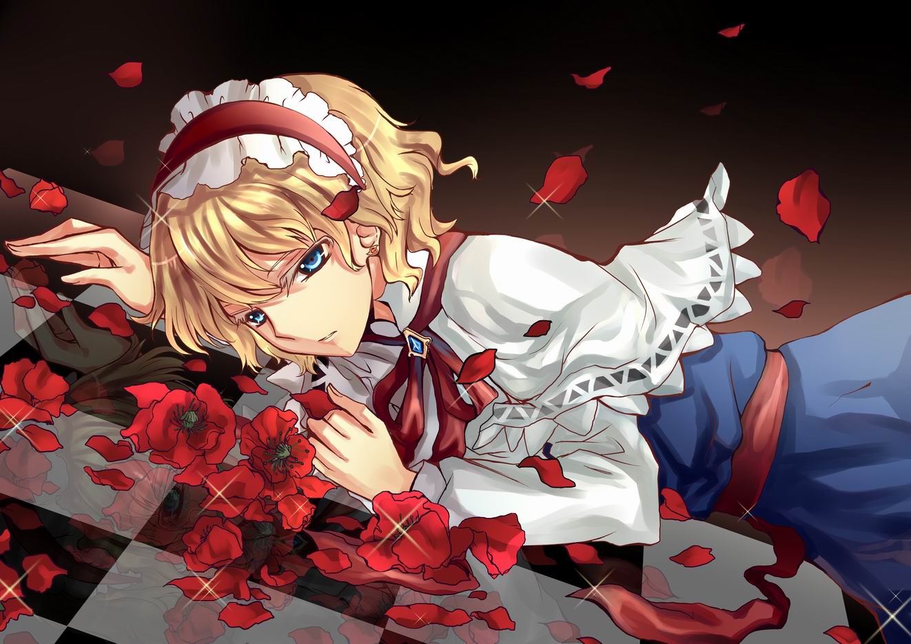 alice_margatroid blonde_hair blue_eyes bow brooch capelet checkered checkered_floor dress earrings flower hair_bow hairband jewelry k.i.i lying on_stomach reflection ribbon sash short_hair smile solo touhou