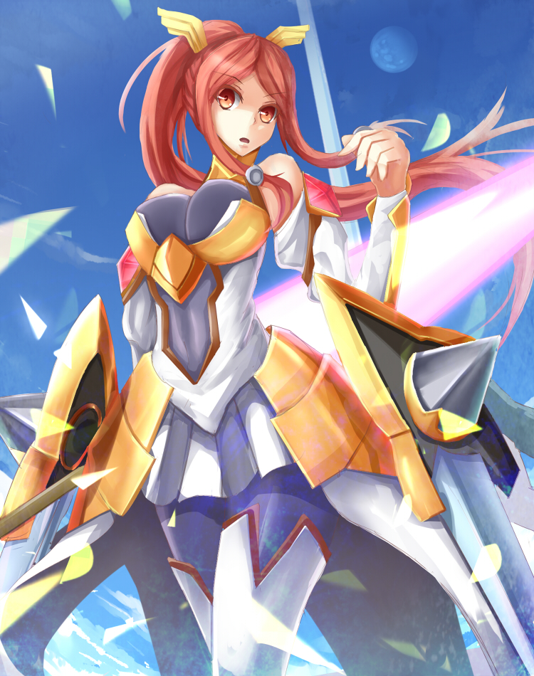 armor armored_dress bare_shoulders black_legwear blazblue blazblue:_chrono_phantasma boots breasts detached_sleeves faulds hair_ornament hair_tubes izayoi_(blazblue) large_breasts long_hair pantyhose ponytail red_hair redhead shield skirt solo thigh-highs thigh_boots thighhighs very_long_hair wakame_mi