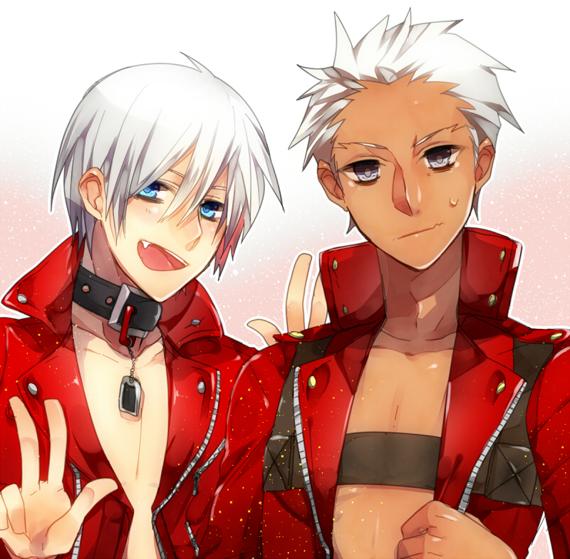 archer blue_eyes collar cosplay costume_switch crossover dante devil_may_cry fang fate/extra fate/extra_ccc fate_(series) grey_eyes haine_(howling) jacket leather_jacket look-alike multiple_boys open_clothes open_jacket red_jacket silver_hair sweatdrop white_hair