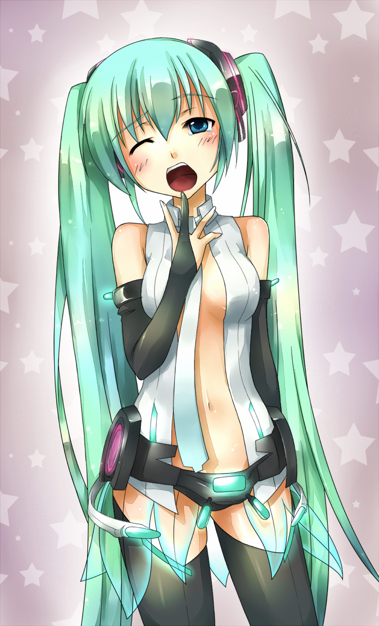 blue_eyes blush breasts colored fira_yuki green_hair hatsune_miku hatsune_miku_(append) highres long_hair miku_append monochrome navel open_mouth solo star starry_background very_long_hair vocaloid vocaloid_append yawning
