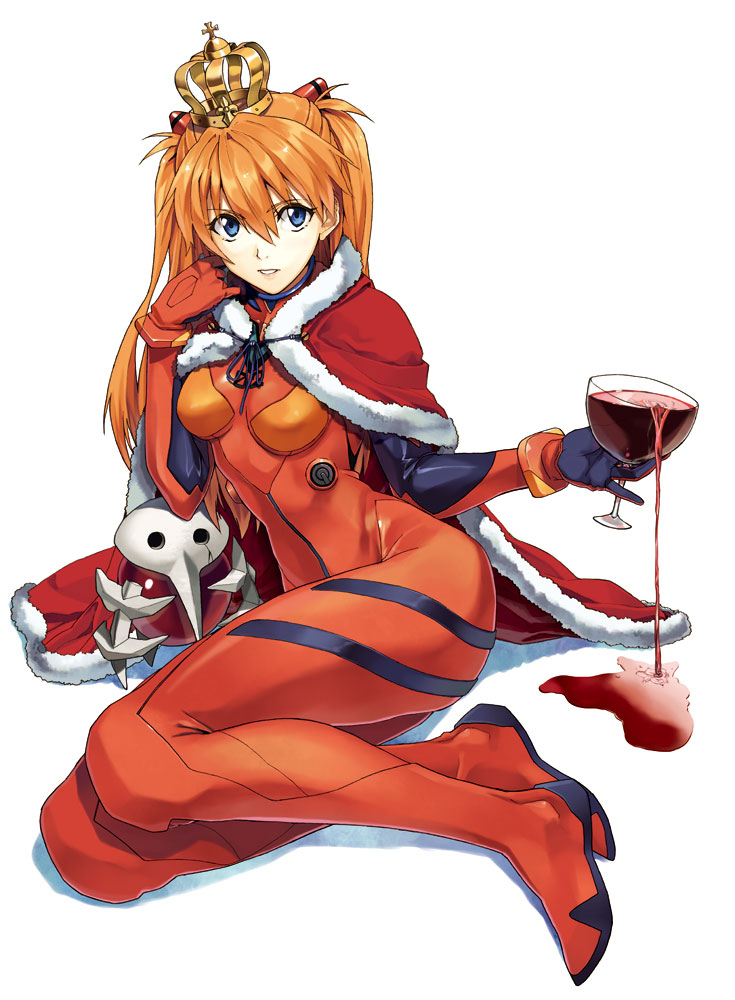 angel_(evangelion) blue_eyes breasts brown_hair cape crown cup holding long_hair looking_at_viewer neon_genesis_evangelion pinky_out plugsuit rebuild_of_evangelion red_wine runa sachiel shikinami_asuka_langley simple_background solo soryu_asuka_langley souryuu_asuka_langley spilling white_background wine_glass