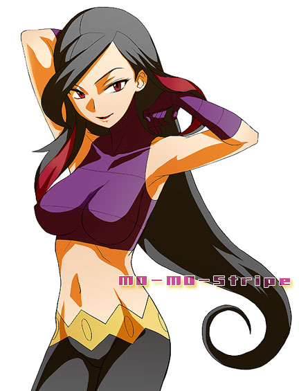 armpits azami_(pokemon) bangs black_hair breasts elbow_gloves fringe frontier_brain gloves hair_flip halter_top halterneck hands_in_hair highlights large_breasts long_hair midriff mo-mo multicolored_hair navel pokemon pokemon_(game) pokemon_rgby pokemon_rse purple_hair red_eyes skin_tight smile solo two-tone_hair
