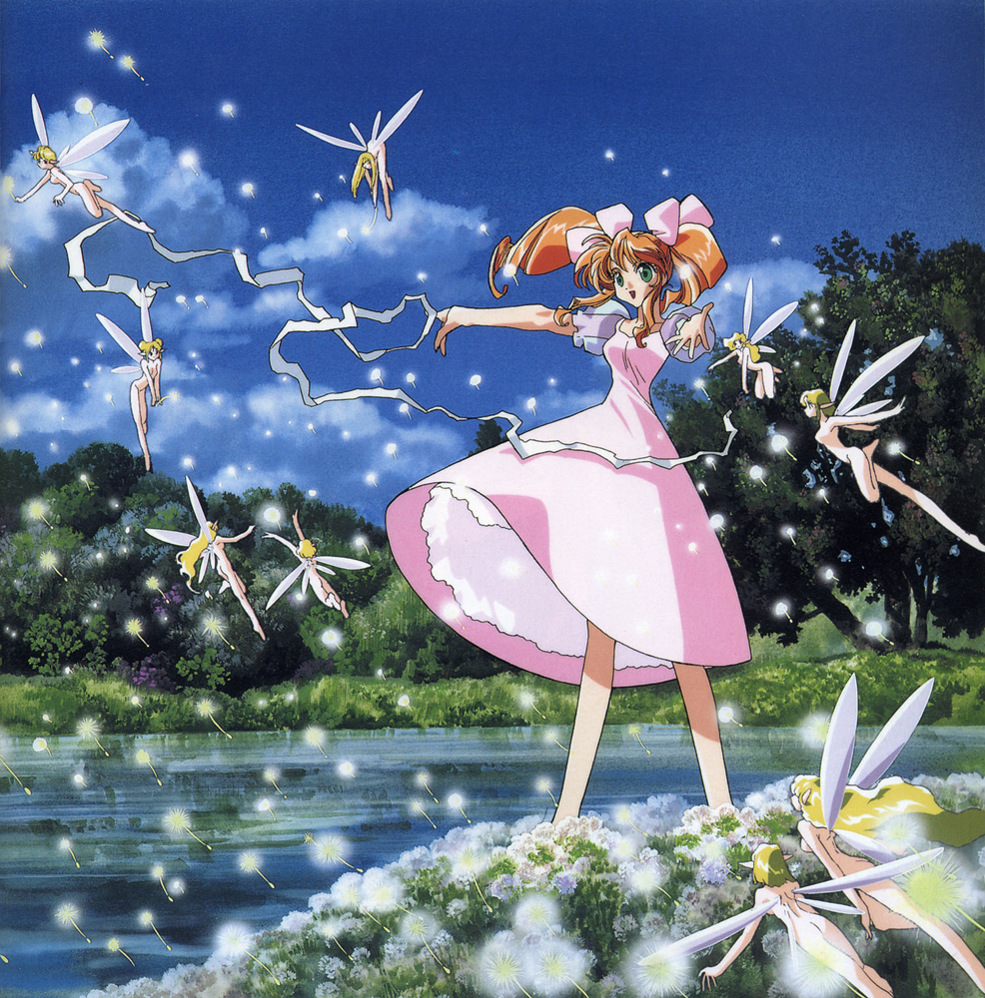 90s dress fairy fairy_wings flower green_eyes ishida_atsuko long_hair nude official_art orange_hair outstretched_arms pink_dress scan shamanic_princess sky smile solo spread_arms tiara_(shamanic_princess) tree twintails water wings