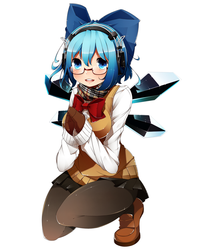 :d alternate_costume bespectacled black_legwear blue_eyes blue_hair blush bow breasts cirno earmuffs glasses gloves hair_bow headphones ice ice_wings kinakomoti large_breasts mittens open_mouth pantyhose scarf school_uniform short_hair simple_background skirt smile solo squatting touhou white_background wings