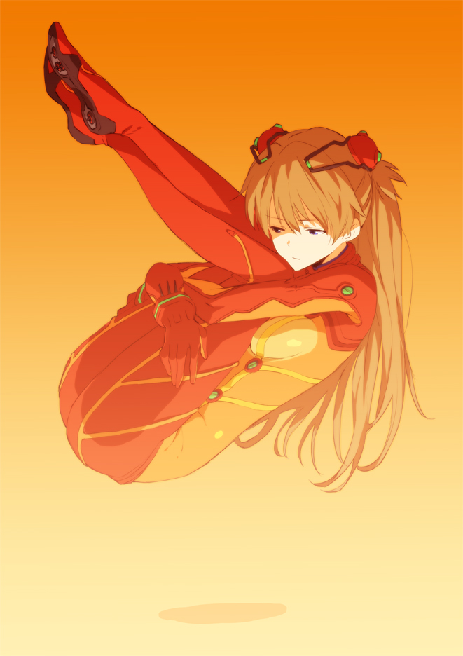 1girl blue_eyes breasts hair_ornament leg_hug light_brown_hair long_sleeves neon_genesis_evangelion plugsuit rebuild_of_evangelion saitom shikinami_asuka_langley solo souryuu_asuka_langley