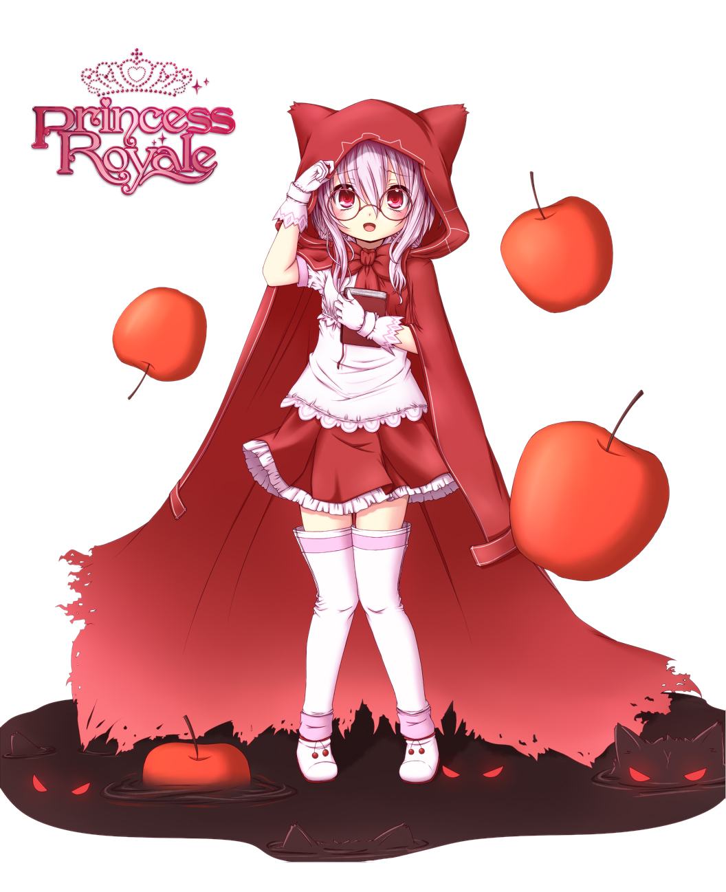 animal_ears book cape glasses gloves highres hood kuena little_red_riding_hood original princess_royale purple_hair red_eyes thigh-highs thighhighs