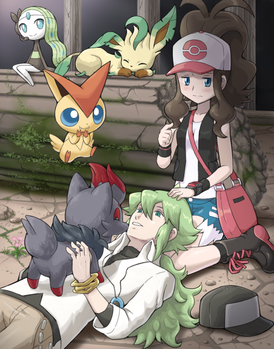 1girl antenna_hair awkward bag baseball_cap blue_eyes blush boots brown_hair character_request column cross-laced_footwear denim denim_shorts green_eyes green_hair hat hat_removed headwear_removed jewelry lace-up_boots lap_pillow leafeon long_hair lying meloetta n_(pokemon) necklace on_back on_floor pillar pokemoa pokemon pokemon_(creature) pokemon_(game) pokemon_bw ponytail ruins shorts shoulder_bag sitting touko_(pokemon) vest victini wariza wide_ponytail zorua