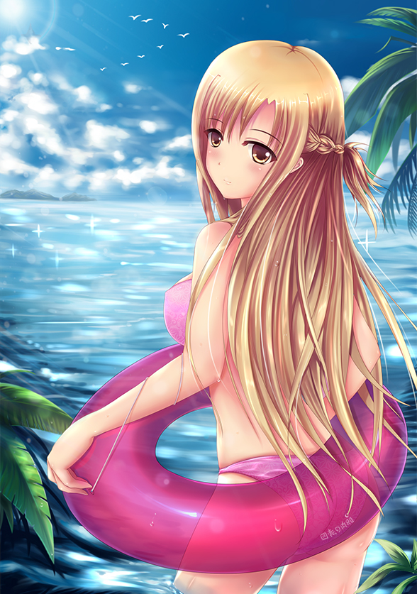 1girl ass asuna_(sao) bikini blush braid breasts brown_eyes brown_hair cloud from_behind grass innertube kaiten_no_niku_ro large_breasts lens_flare long_hair looking_back ocean palm_tree seagull sky solo sun sunbeam sunlight swimsuit sword_art_online tree wading water wet yuuki_asuna