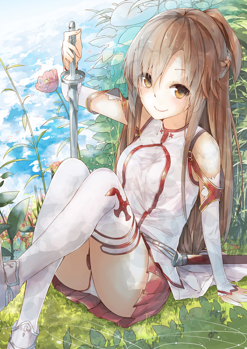 asuna_(sao) bare_shoulders blush brown_eyes brown_hair detached_sleeves highres holding la-na long_hair resized revision scabbard sheath skirt smile solo sword sword_art_online thigh-highs thighhighs weapon white_legwear