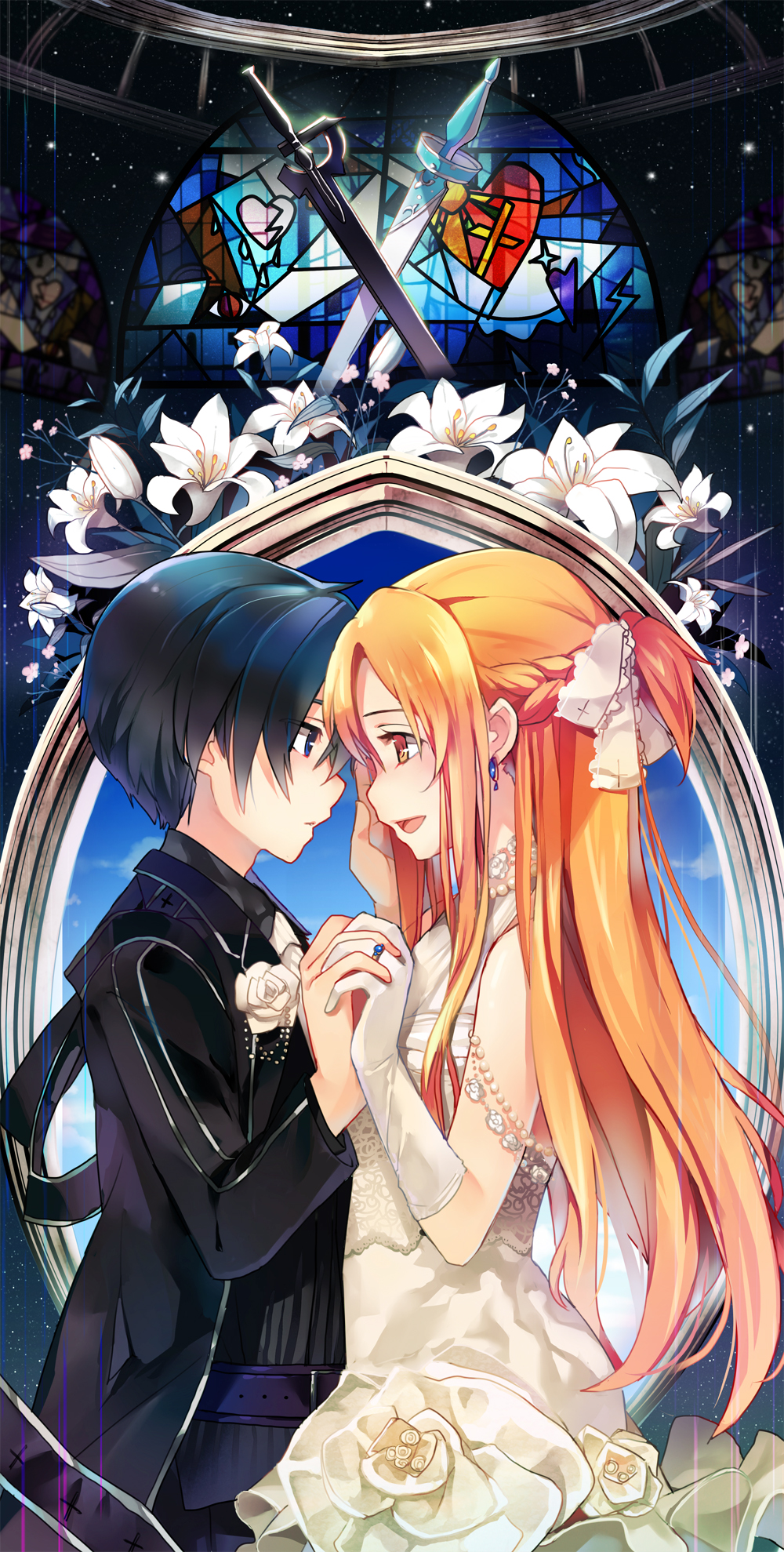 1girl :d asuna_(sao) black_eyes black_hair blush braid brown_eyes couple dress elbow_gloves eye_contact flower gloves hair_ribbon heart highres jewelry kirito lily_(flower) long_hair looking_at_another married open_mouth orange_hair ribbon ring sheska_xue short_hair side smile stained_glass sword sword_art_online weapon wedding_dress wedding_ring