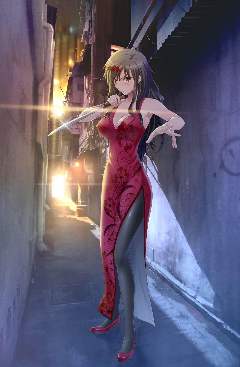 1girl alley black_hair black_legwear blush breasts china_dress chinese_clothes corrugated_galvanised_iron_sheet dress female high_heels highres holding knife long_hair looking_at_viewer misakamitoko0903 original pantyhose red_eyes reverse_grip shoes side_slit solo standing sunlight weapon