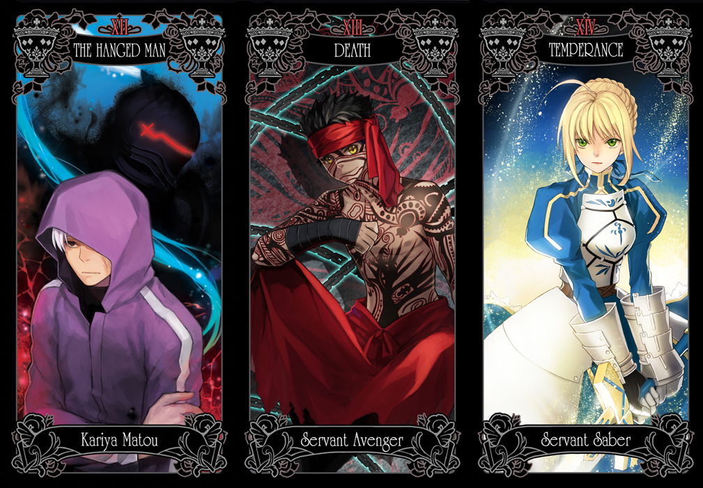 3boys ahoge armor armored_dress avenger berserker_(fate/zero) black_hair blonde_hair chain chains character_name dark_skin death_(tarot_card) dress excalibur fate/hollow_ataraxia fate/stay_night fate/zero fate_(series) full_body_tattoo gauntlets green_eyes hair_ribbon headband helmet hoodie juliet_sleeves long_sleeves matou_kariya multiple_boys puffy_sleeves ribbon riki_(elseeker) saber sword tarot tattoo temperance_(tarot_card) the_hanged_man weapon yellow_eyes