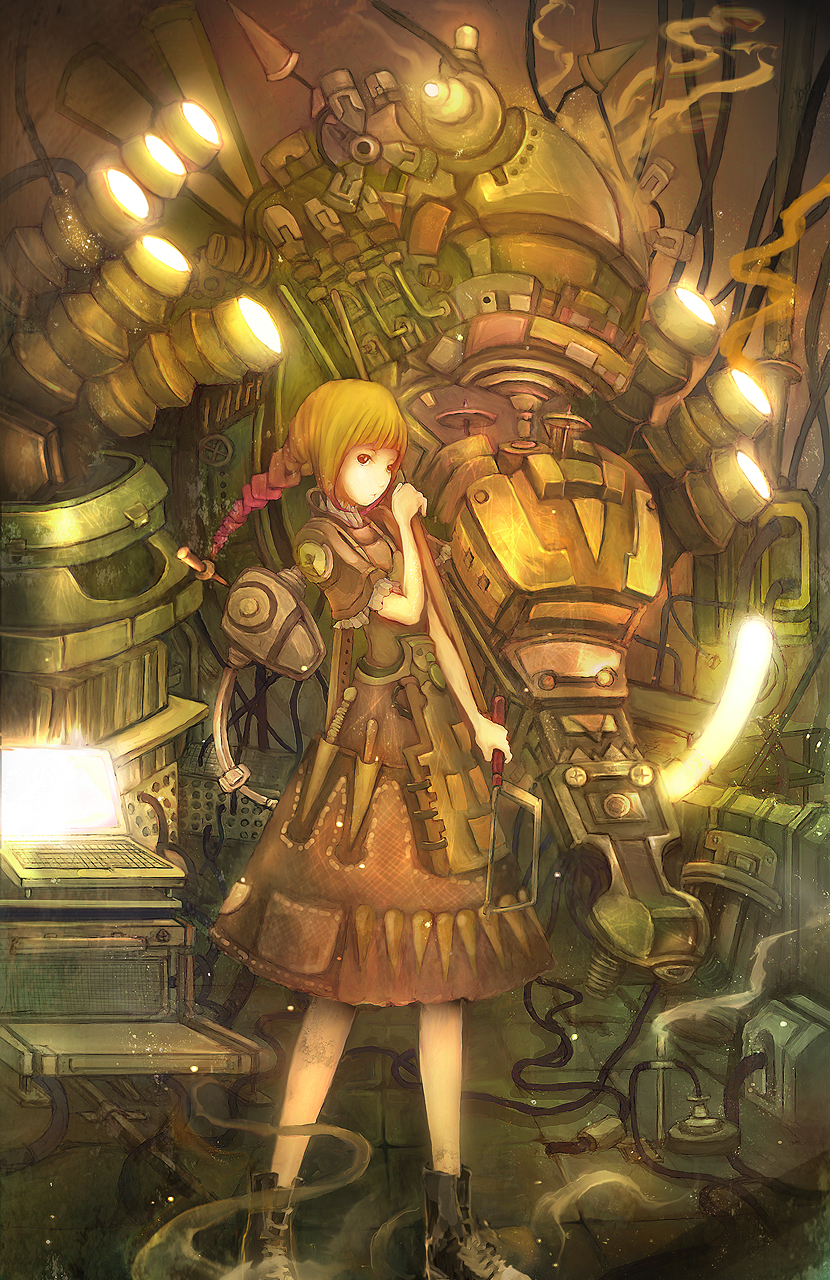 brown_hair cable copyright_request highres kentarou machine revision screwdriver skirt