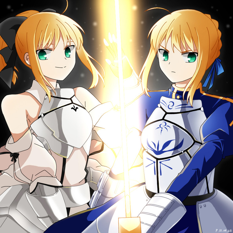 ahoge armor armored_dress bare_shoulders blonde_hair bow detached_sleeves dress dual_persona excalibur fate/stay_night fate/unlimited_codes fate/zero fate_(series) gauntlets glowing glowing_sword glowing_weapon green_eyes hair_bow hair_bun hair_ribbon long_hair mmm_ss multiple_girls ponytail ribbon saber saber_lily sword weapon