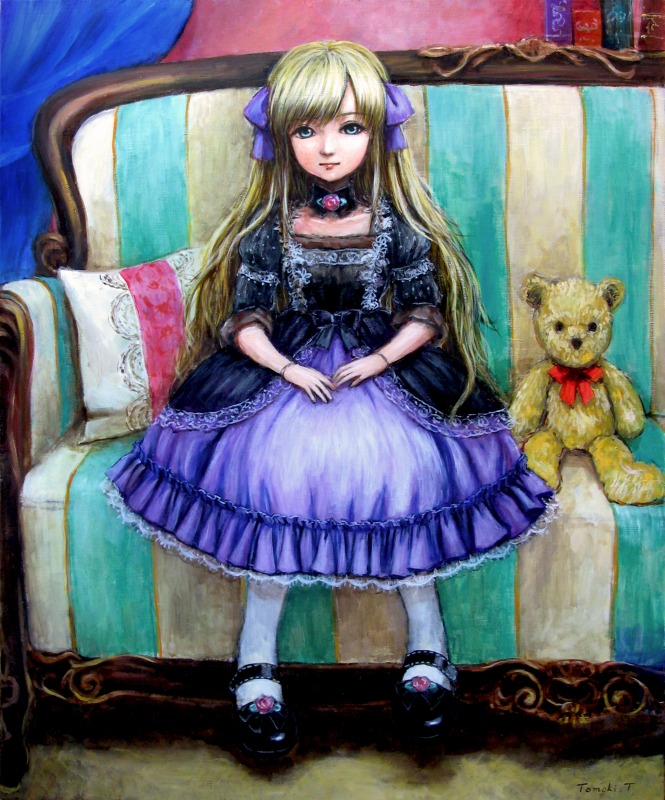 bracelet child couch doll_joints dress green_eyes hair_ribbon highres jewelry long_hair mary_janes oil_painting_(medium) original pantyhose realistic resized revision ribbon shoes solo stuffed_animal stuffed_toy tafuto teddy_bear traditional_media