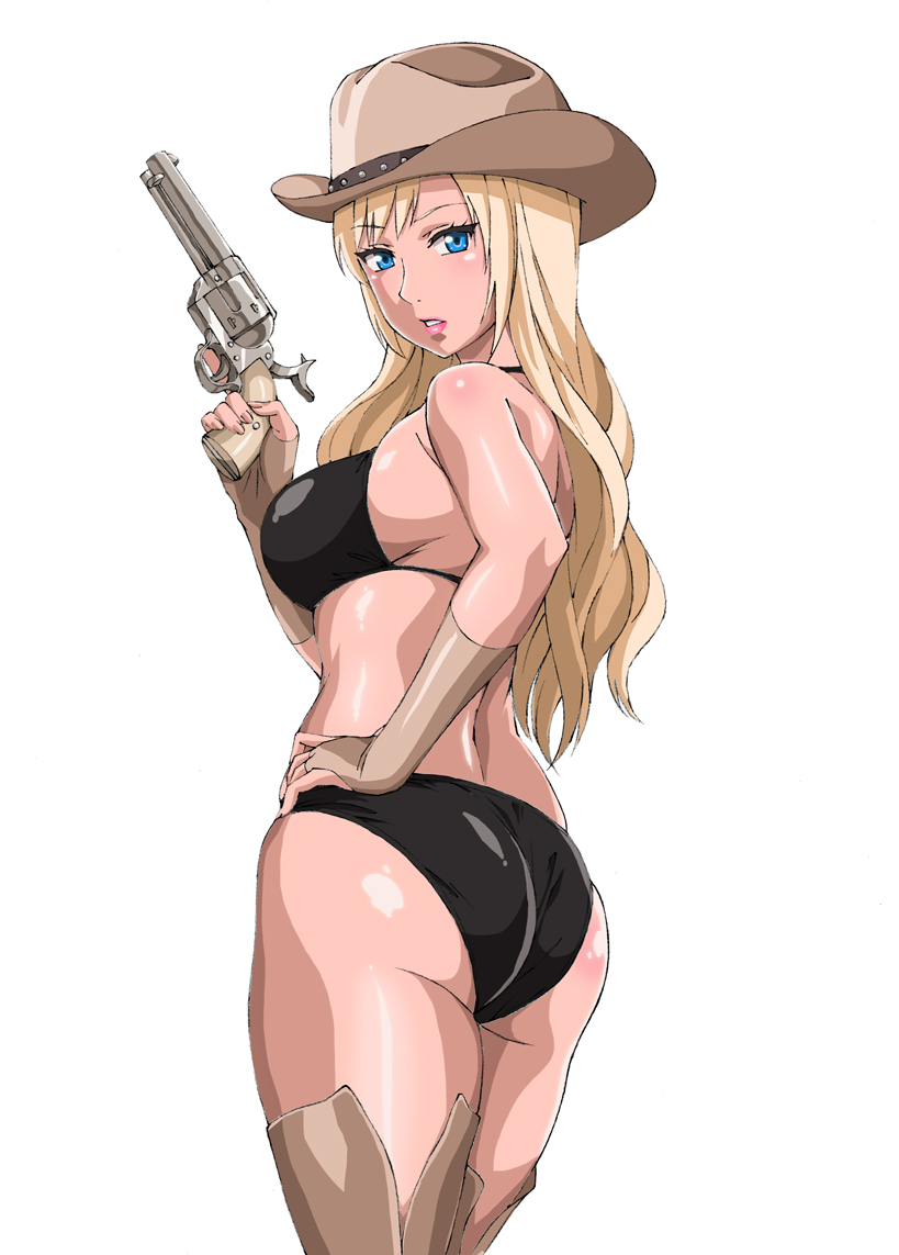 18_(aug1) 1girl ass bikini blonde_hair blue_eyes colt_saa cowboy_hat from_behind gun handgun hat original pistol revolver swimsuit thigh-highs weapon
