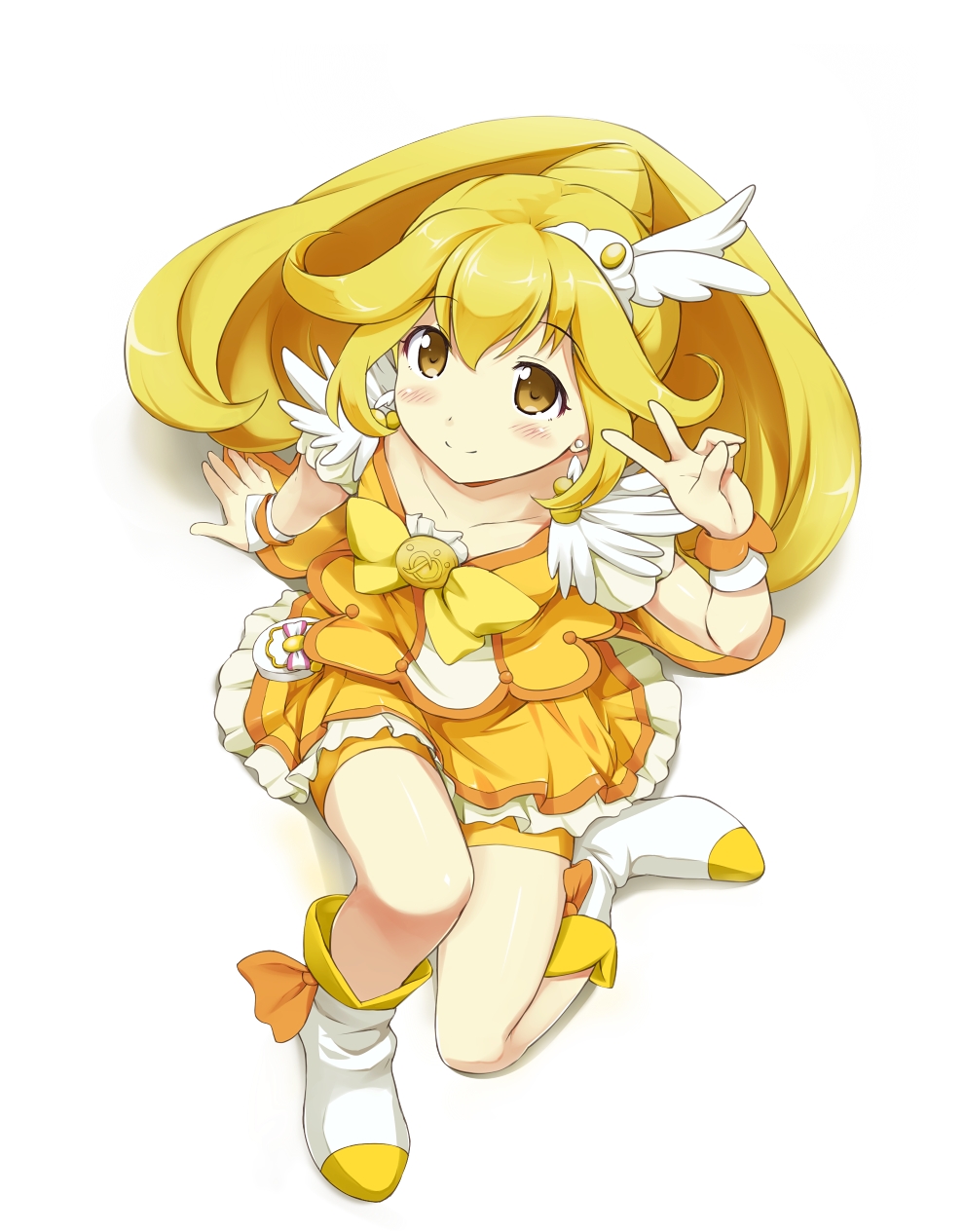 1girl arm_support bike_shorts blonde_hair blush cure_peace earrings highres jewelry kise_yayoi kotobamaru long_hair looking_up magical_girl precure revision ribbon shorts_under_skirt sitting skirt smile smile_precure! solo v yellow_bike_shorts yellow_eyes