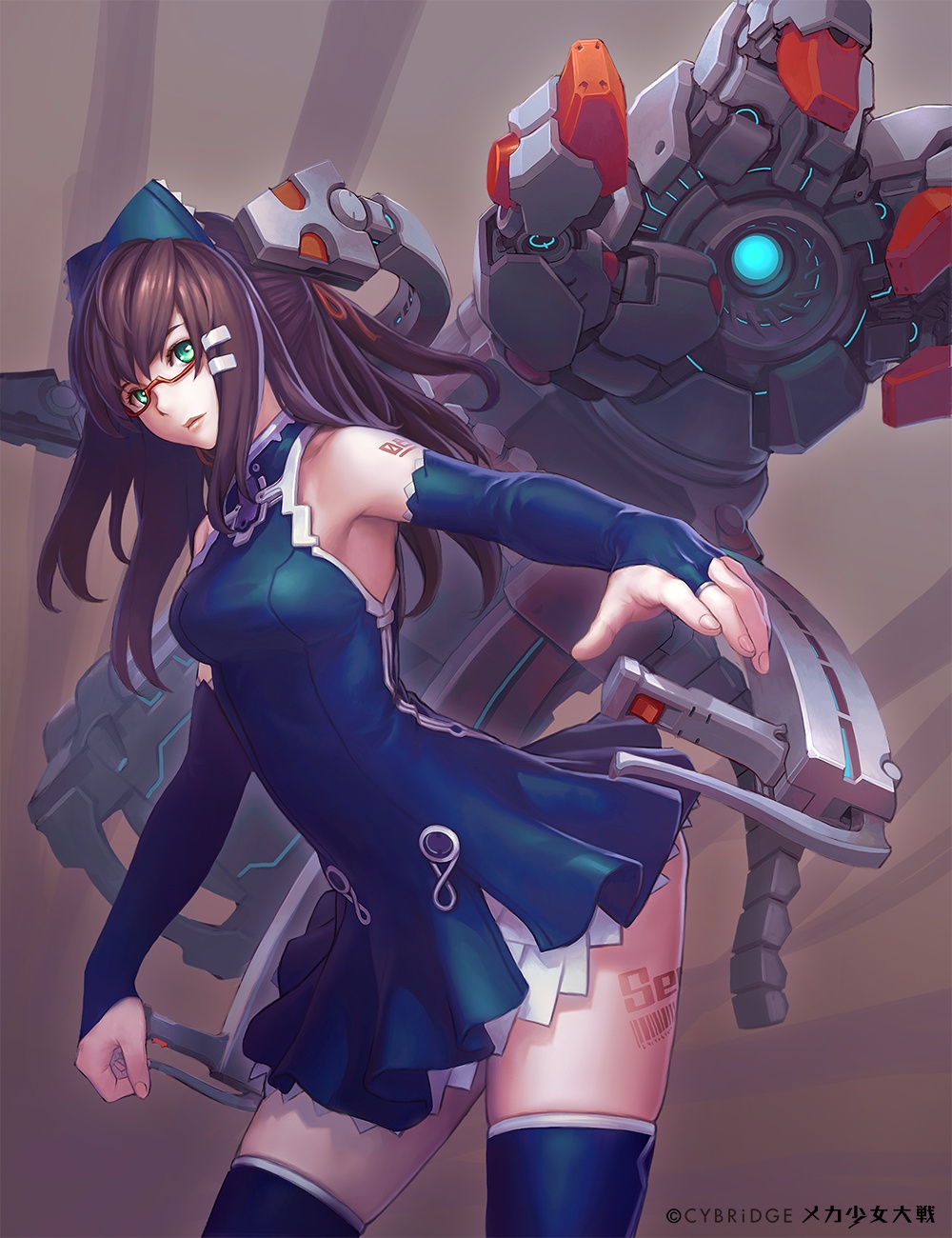 aqua_eyes bare_shoulders blue_dress blue_gloves blue_legwear bow bridal_gauntlets brown_hair dress glasses gloves hair_bow hair_ornament hair_ribbon hairclip highres long_hair mechanical_arm nfb-zmc original red-framed_glasses ribbon semi-rimless_glasses simple_background solo thigh-highs thighhighs