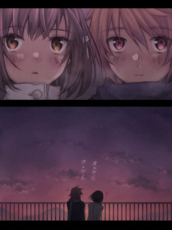 1girl 2koma blush brown_eyes brown_hair cloud clouds coat comic couple from_behind imomu original pink_eyes railing scarf short_hair sky translated translation_request