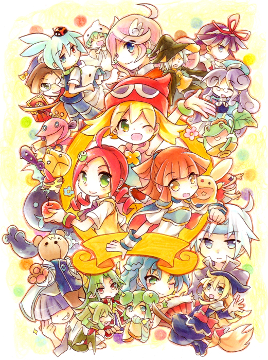 accord_sensei amitie andou_ringo apple arle_nadja blonde_hair blue_eyes blue_hair book broom broom_riding carbuncle closed_eyes dongurigaeru draco_centauros drill_hair ekoro everyone eyes_closed feli food fruit glasses green_eyes green_hair hat heterochromia horns klug lemres long_hair ocean_prince onion_pixy open_mouth pink_hair popoi purple_hair puyopuyo raffine red_eyes red_hair redhead ribbon rider_(puyopuyo) risukuma-senpai rulue sasaki_maguro satan_(puyopuyo) schezo_wegey short_hair sig smile suketoudara tachitsu_teto twin_drills wink witch_(puyopuyo) yellow_eyes