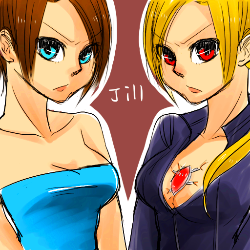 amulet blonde_hair blue_eyes bodysuit breasts brown_hair cleavage daikon_(chiue0424) dress dual_persona jill_valentine multiple_girls ponytail red_eyes resident_evil resident_evil_3 resident_evil_5 short_hair strapless_dress