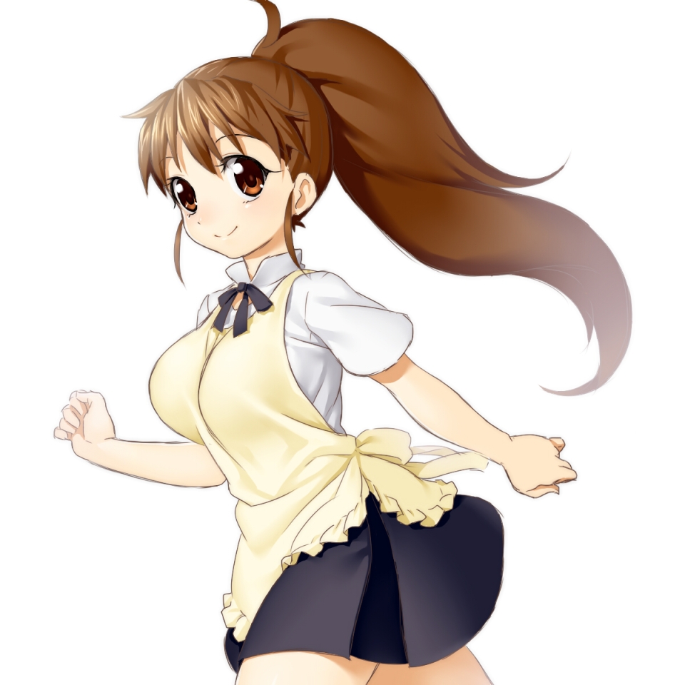 1girl apron blush breasts brown_eyes brown_hair large_breasts long_hair looking_at_viewer onsoku_maru ponytail simple_background skirt smile solo taneshima_popura waitress white_background working!!