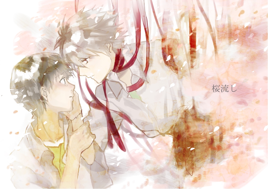 blue_eyes brown_hair cherry_blossoms evangelion:_3.0_you_can_(not)_redo ikari_shinji kurohal male multiple_boys nagisa_kaworu neon_genesis_evangelion rebuild_of_evangelion red_eyes red_ribbon ribbon tears white_hair