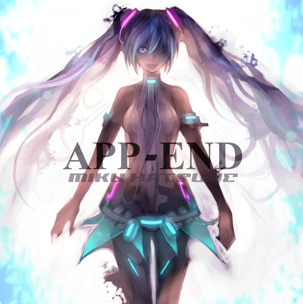 blue_eyes blue_hair center_opening character_name cyoko_(twiggy22) hair_over_one_eye hatsune_miku hatsune_miku_(append) long_hair miku_append necktie solo thigh-highs thighhighs twintails very_long_hair vocaloid vocaloid_append