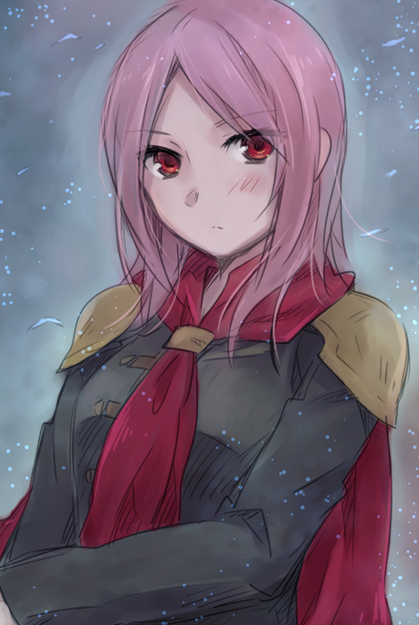 blush bust cape final_fantasy final_fantasy_type-0 imomu long_hair looking_at_viewer pink_hair queen_(fft-0) red_eyes shoulder_pads sketch solo uniform