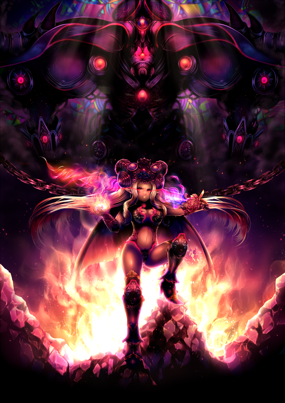 boots breasts chain chains cleavage facial_tattoo fire glowing glowing_eyes hat highres long_hair momoshiki_tsubaki monster navel original pointing red_eyes silver_hair solo stained_glass tan_skin tattoo twintails wings