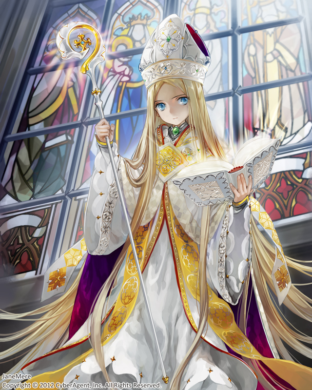 artist_name blonde_hair blue_eyes book copyright_request dress hat holding holding_book janemere long_hair looking_at_viewer mitre open_book solo staff stained_glass tenkuu_no_crystalia very_long_hair watermark