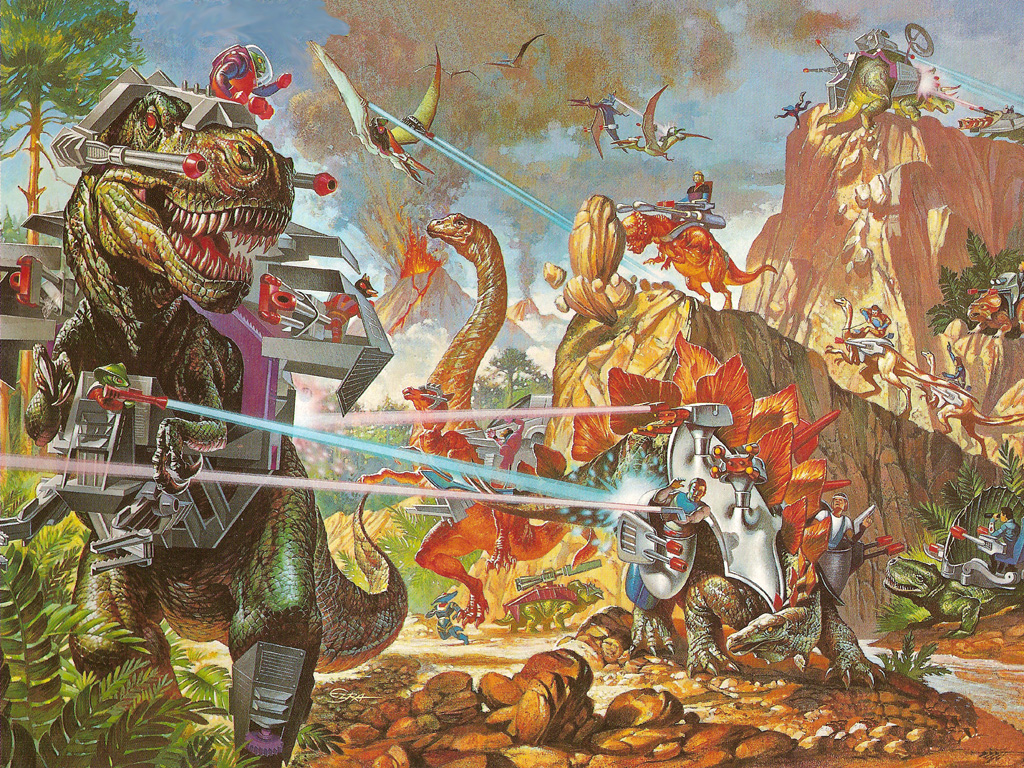 alien armor battle brontosaurus bush cannon character_request dimetrodon dino_riders dinosaur energy_gun epic ezra_tucker forest gloves helmet laser_beam laser_rifle molten_rock mountain nature official_art oldschool pachycephalosaurus protoceratops pterodactyl quetzalcoatlus realistic rulon science_fiction smoke spacesuit stegosaurus struthiomimus tree triceratops tyrannosaurus_rex valorian volcano