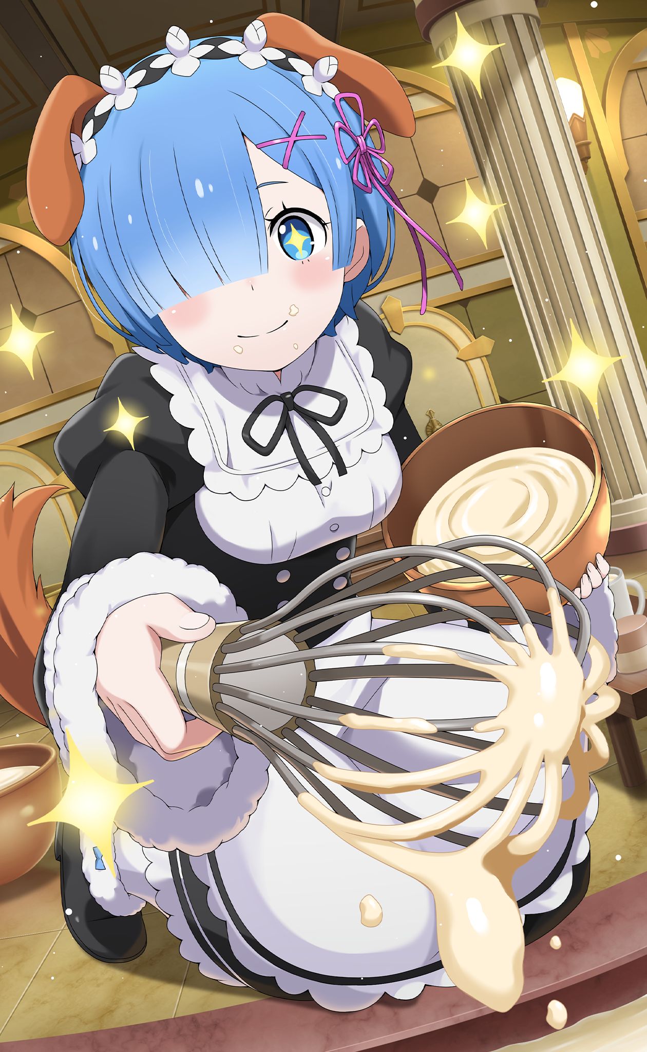 +_+ 1girl animal_ears apron black_dress black_footwear blue_eyes blue_hair blush boots bowl breasts cream detached_sleeves dog_ears dog_girl dog_tail dress food food_on_face frilled_dress frills fur-trimmed_boots fur-trimmed_sleeves fur_trim hair_ornament hair_over_one_eye highres holding holding_bowl holding_whisk indoors kneeling long_sleeves looking_at_viewer maid maid_apron maid_headdress medium_breasts mixing_bowl official_alternate_costume official_art puffy_short_sleeves puffy_sleeves ram_(re:zero) re:zero_kara_hajimeru_isekai_seikatsu re:zero_kara_hajimeru_isekai_seikatsu:_lost_in_memories short_hair short_sleeves smile solo tail whisk white_apron x_hair_ornament