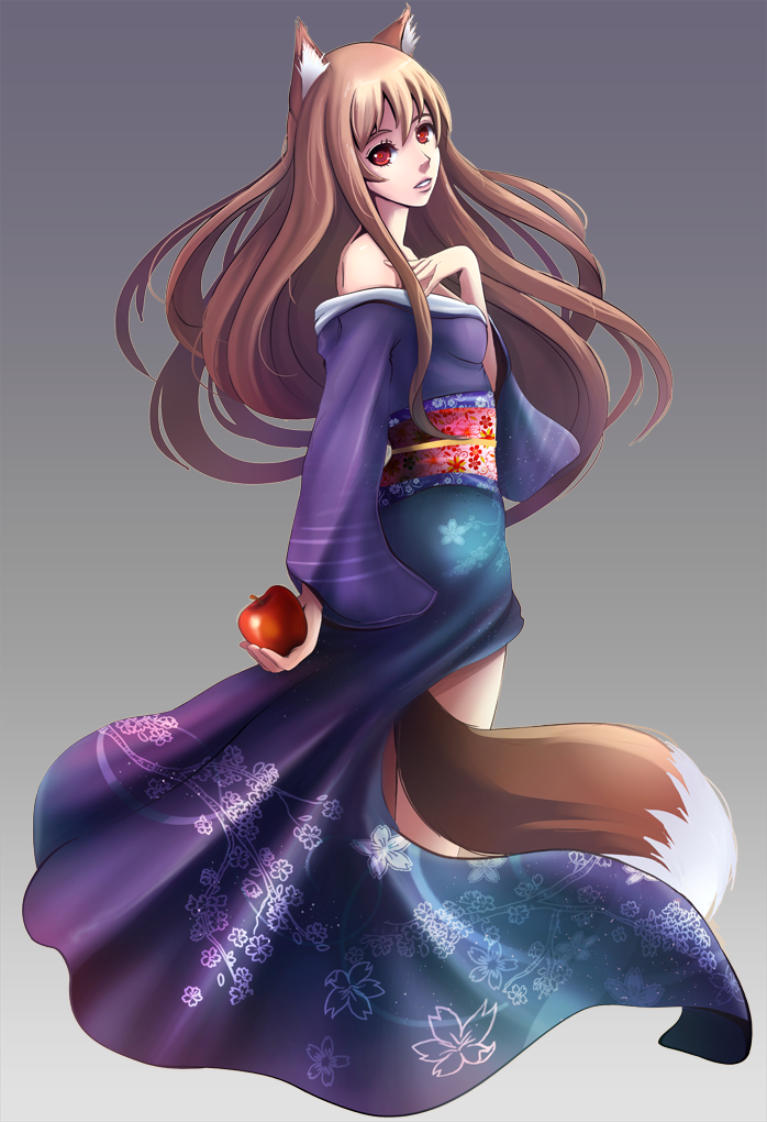 animal_ears apple bare_shoulders brown_hair floral_print food fruit gradient gradient_background holo japanese_clothes kimono long_hair looking_at_viewer looking_back nobody_studios nobodystudios obi parted_lips red_eyes robe_slip simple_background solo spice_and_wolf tail