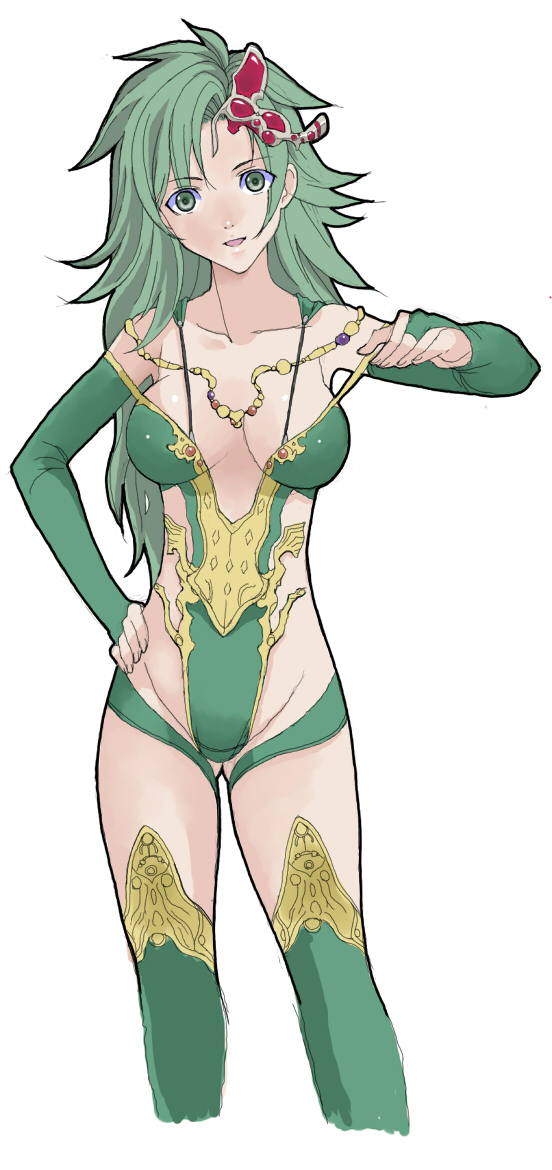 bare_shoulders breasts cleavage collarbone detached_sleeves final_fantasy final_fantasy_iv final_fantasy_iv_the_after green_eyes green_hair hand_on_hip jewelry leotard long_hair long_sleeves looking_at_viewer mound_of_venus necklace parted_lips rydia shiwasu simple_background solo standing thigh-highs thighhighs white_background