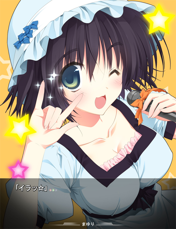 ;d \m/ asaba_yuu black_hair blush breasts collarbone fake_screenshot green_eyes hat holding microphone open_mouth shiina_mayuri smile solo star steins;gate text translated translation_request wink