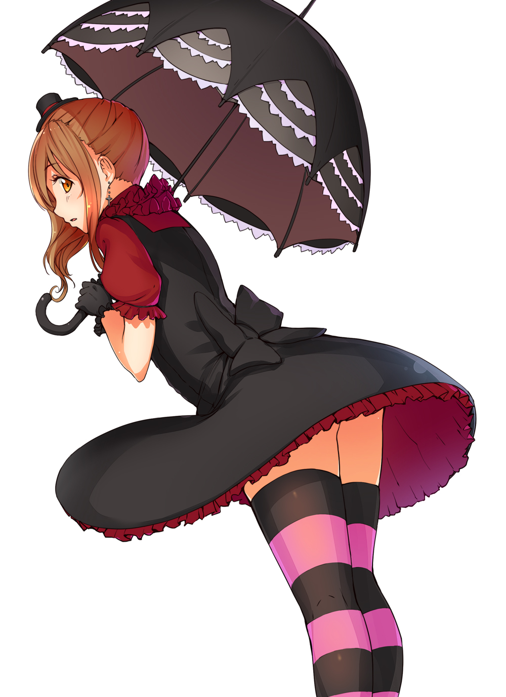 brown_eyes brown_hair dress earrings gloves hat highres jewelry juu. mini_top_hat natsume_asako open_mouth short_hair side_ponytail simple_background solo striped striped_legwear tonari_no_kaibutsu-kun top_hat umbrella white_background