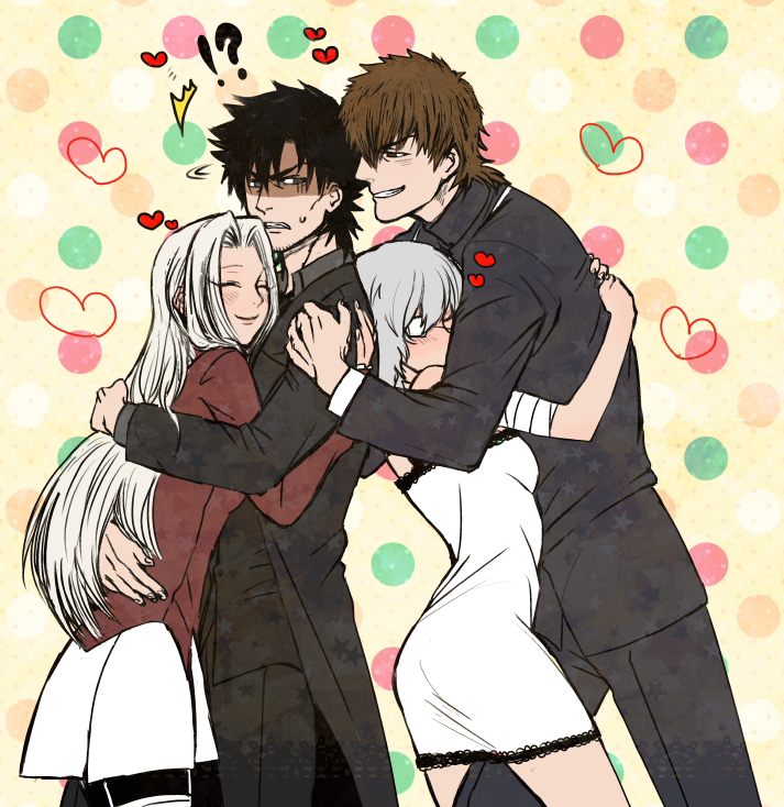 /\/\/\ 2boys 2girls black_eyes black_hair black_legwear brown_eyes brown_hair claudia_hortensia claudia_ortensia couple dress emiya_kiritsugu eyepatch fate/zero fate_(series) grey_hair heart height_difference hug husband_and_wife irisviel_von_einzbern kotomine's_wife kotomine's_wife kotomine_kirei long_hair multiple_boys multiple_girls natsu_yasai pantyhose shaded_face silver_hair thighhighs wavy_hair white_hair you_gonna_get_raped