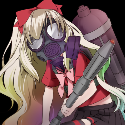 blonde_hair bow flamethrower gas_mask gas_tank hair_bow itto_na_kataomoi_minoraseta_chiisa_na_shiawase_(vocaloid) lowres mayu_(vocaloid) school_uniform serafuku solo vocaloid weapon wogura