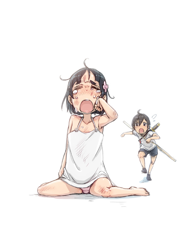 1girl black_hair brother_and_sister child crying d: eyebrows hair_flower hair_ornament hairclip kirigaya_suguha kirito nekomasu open_mouth panties scrape shinai short_hair simple_background sitting sword sword_art_online tears underwear weapon white_background young