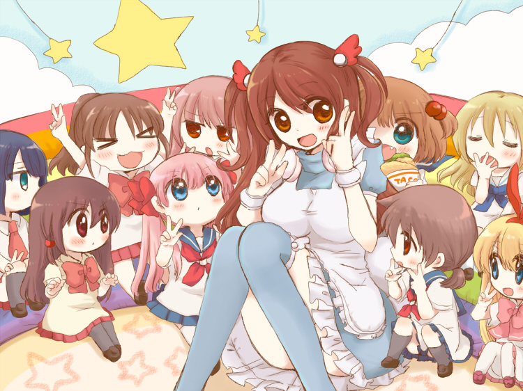 amae_koromo apron atarashi_ako blonde_hair blue_eyes blush breasts brown_hair chibi child hair_bobbles hair_ornament hairband hairpin haramura_nodoka huge_breasts kataoka_yuuki kawara_yun long_hair matsumi_kuro miyanaga_saki mizuhara_hayari multiple_girls necktie oohoshi_awai pink_hair ponytail ribbon sagimori_arata saki saki_achiga-hen school_uniform serafuku sitting star taco takakamo_shizuno thigh-highs thighhighs twintails v wristband yawning