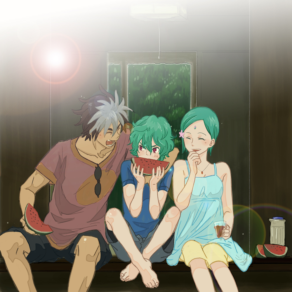 2boys aqua_hair dress eureka eureka_seven_(series) eureka_seven_ao family father_and_son food fruit fukai_ao hair_ornament husband_and_wife mother_and_son multicolored_hair multiple_boys renton_thurston shorts summer sundress watermelon