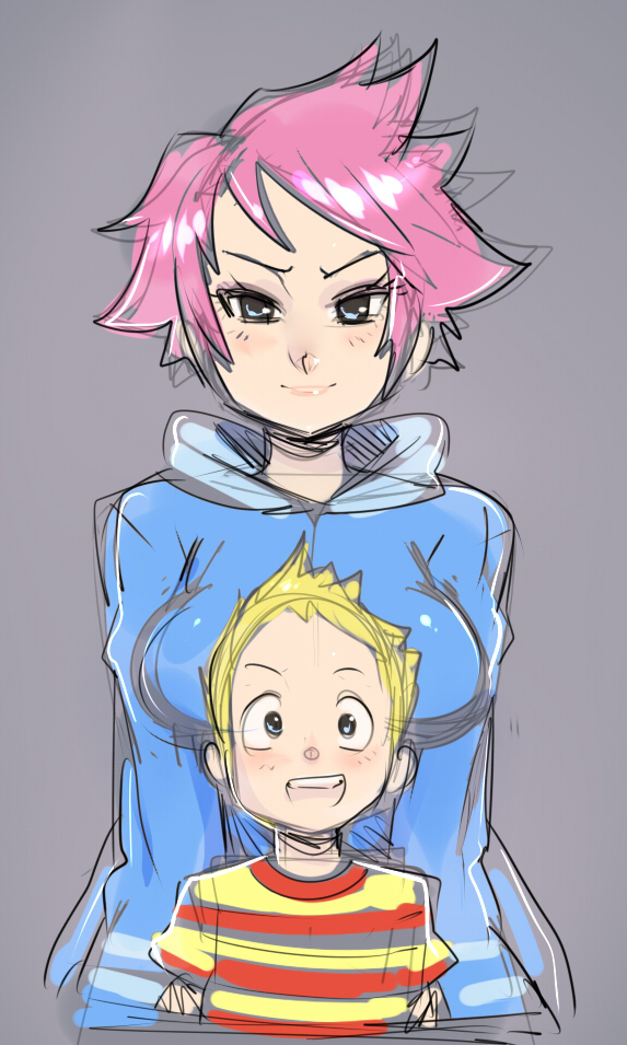 1boy 1girl blonde_hair blue_eyes blush breasts height_difference hoodie kumatora large_breasts lucas maniacpaint mother_(game) mother_3 pink_hair rough short_hair striped t-shirt