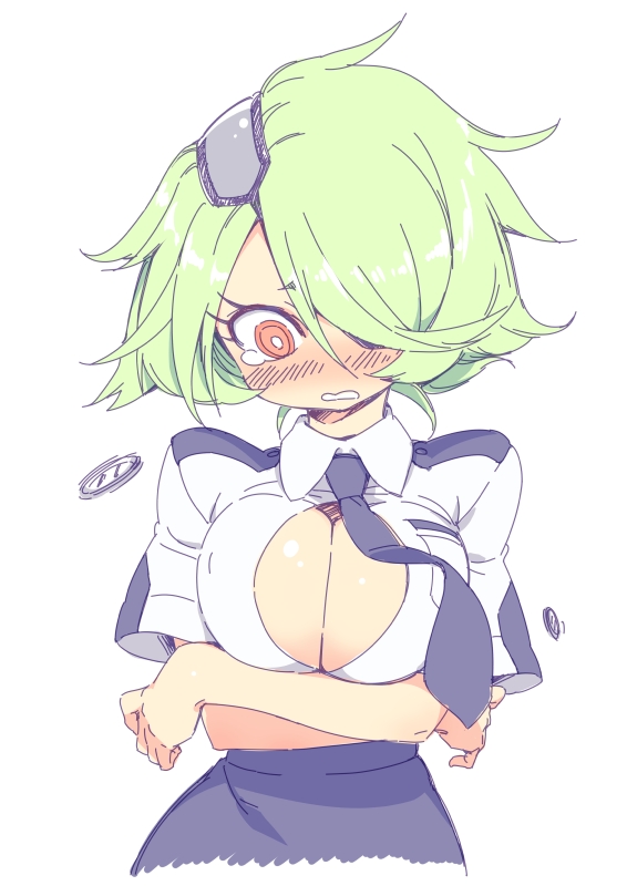 blush breast_lift breasts buttons crossed_arms eyepatch green_hair hair_over_one_eye impossible_clothes large_breasts necktie open_clothes open_mouth open_shirt otonashi_kiruko shinmai_fukei_kiruko-san short_hair simple_background skirt solo sumaki_shungo tears wavy_mouth yellow_eyes