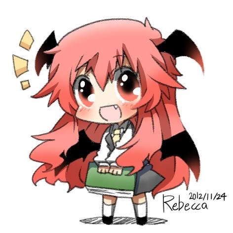 :d bat_wings book chibi dated dress dress_shirt fang head_wings holding holding_book koakuma long_hair long_sleeves low_wings lowres necktie open_mouth rebecca_(keinelove) red_eyes red_hair redhead shirt signature skirt skirt_set smile solo touhou very_long_hair vest wings