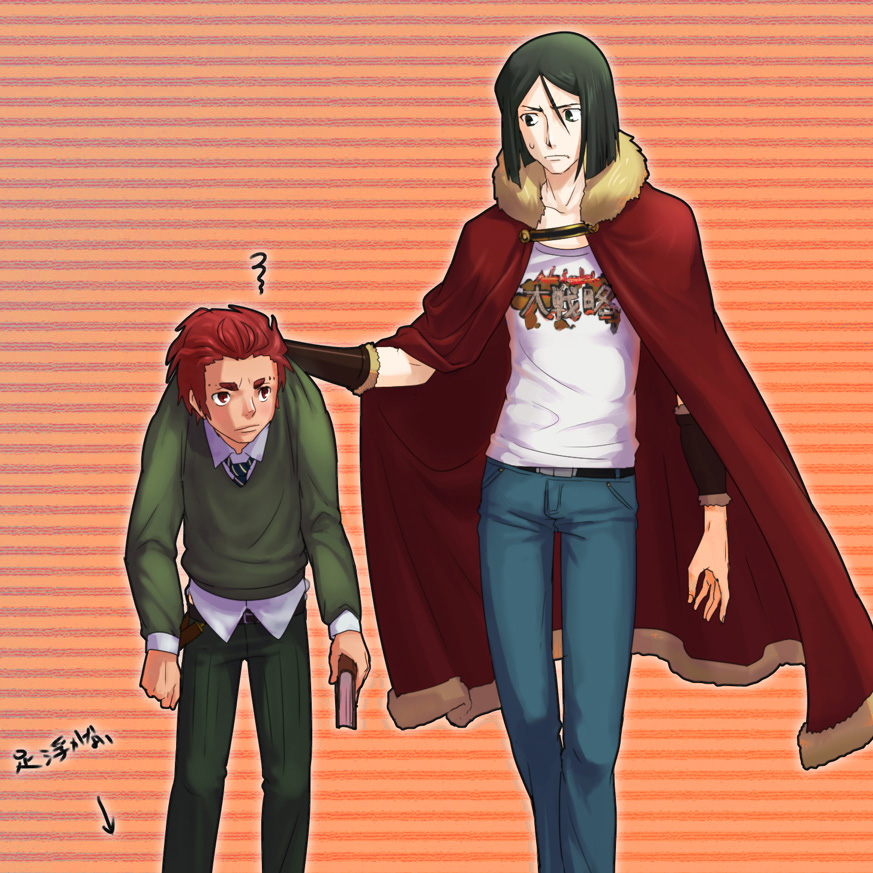 37suihan46 adult age_switch beard black_eyes black_hair book cape casual collar_grab cosplay costume_switch facial_hair fate/zero fate_(series) green_eyes green_hair jeans multiple_boys necktie red_eyes red_hair redhead rider_(fate/zero) rider_(fate/zero)_(cosplay) role_reversal squiggle t-shirt waver_velvet waver_velvet_(cosplay) young