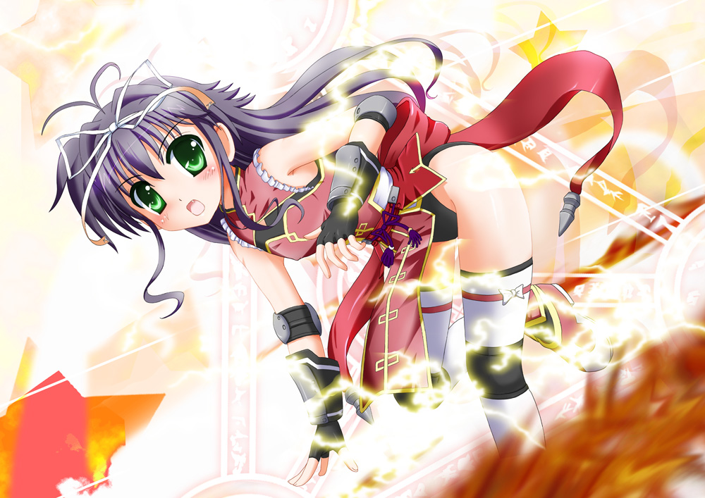 blush elbow_pads electricity female fingerless_gloves flipper gauntlets gloves green_eyes hair_ribbon long_hair lyrical_nanoha mahou_shoujo_lyrical_nanoha_vivid purple_hair ribbon rio_wezley solo star thigh-highs thighhighs