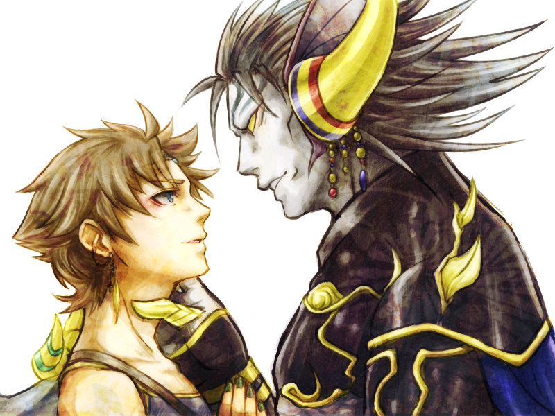 2boys alternate_costume alternate_form armor bare_shoulders blue_eyes brown_hair butz_klauser dissidia_final_fantasy earrings exdeath eye_contact facial_mark final_fantasy final_fantasy_v horns ichimatsu jewelry looking_at_another male multiple_boys nail_polish neo_exdeath no_pupils pale_skin spiked_hair spiky_hair yaoi yellow_eyes yellow_sclera