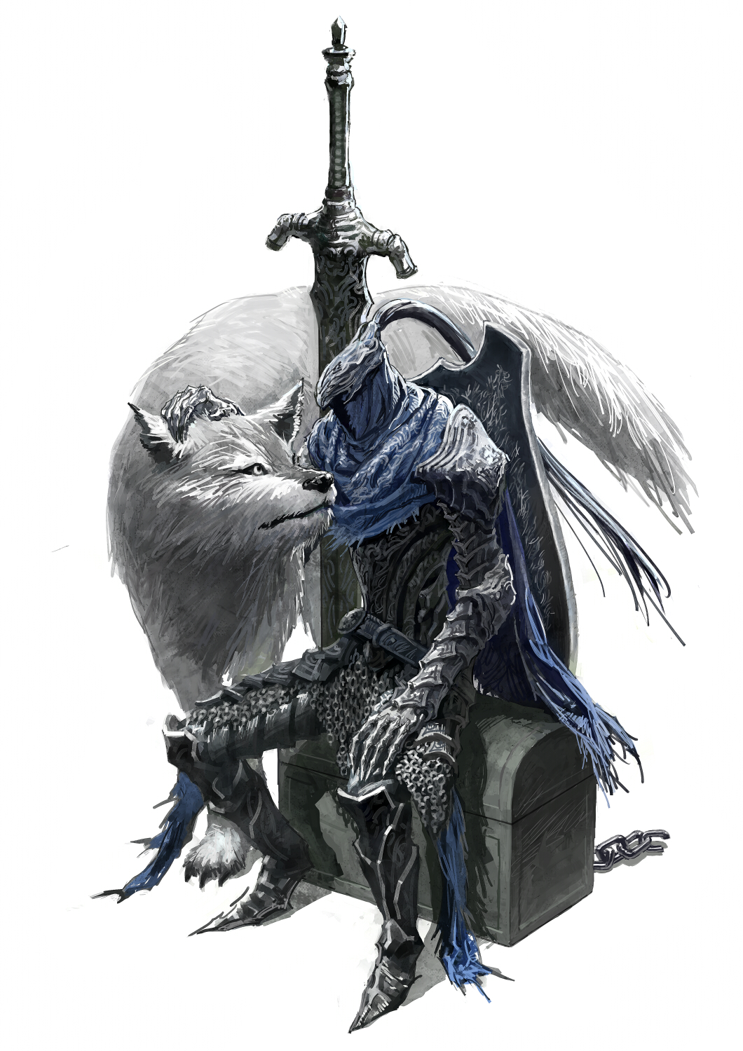 artorias_the_abysswalker cape dark_souls diolemonde great_grey_wolf_sif helmet highres shield sword weapon wolf